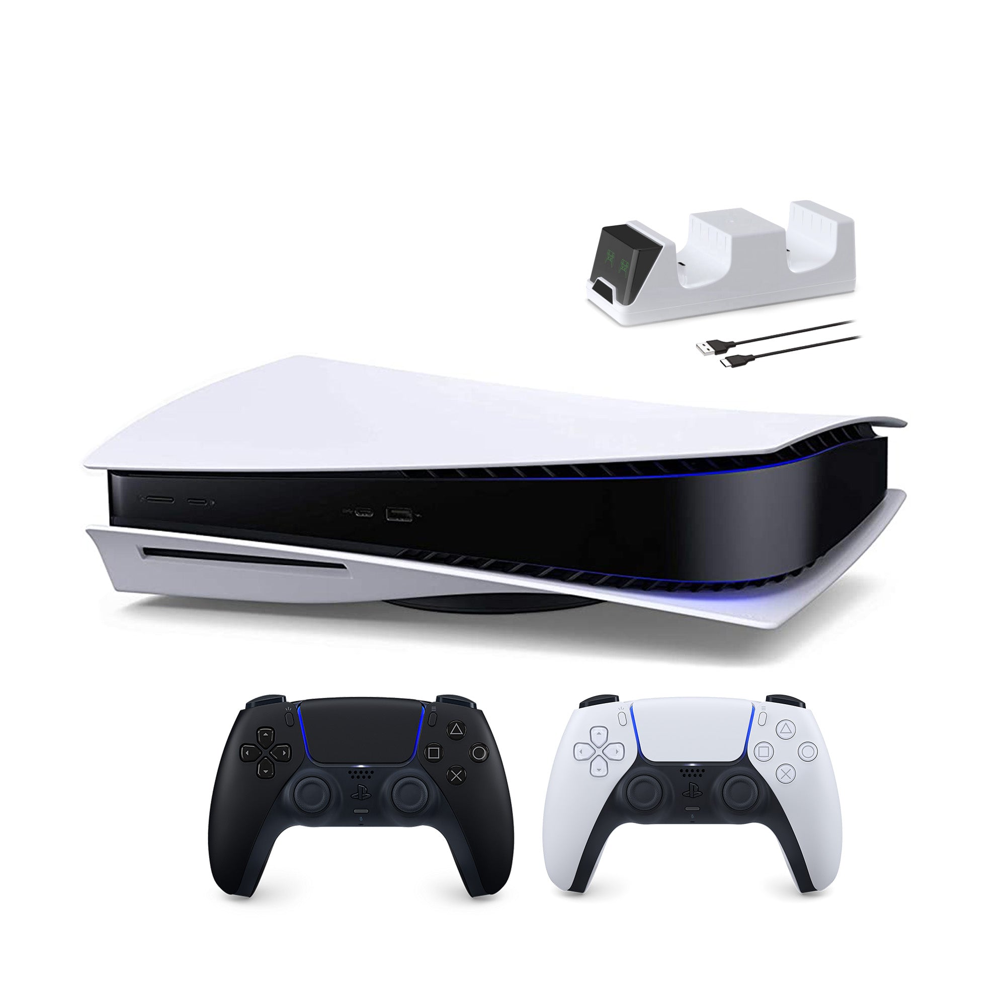 PlayStation 5 Disc Edition with Two Controllers White and Midnight Black DualSense and Mytrix Dual Controller Charger - PS5 Gaming Console PlayStation 5 Disc Edition with Two Controllers White and Midnight Black DualSense and Mytrix Dual Controller Charger - PS5 Gaming Console